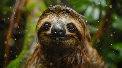 Fototapeta premium A curious sloth, with moss-covered branches as the background, during a gentle rain