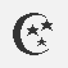 black and white simple flat 1bit vector pixel art icon of crescent moon and stars