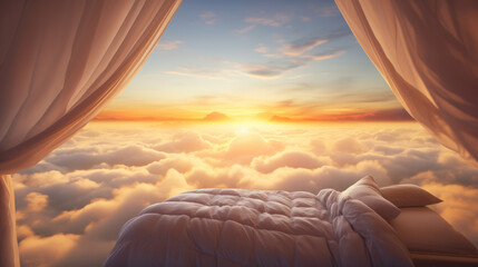 Concept full relax for sleep. Serene bed wrapped in clouds basked in golden hour light, evoking peaceful rest with sunset. - obrazy, fototapety, plakaty