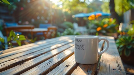 white coffee mug on the bench in the flower garden, tea, spring, morning routine - obrazy, fototapety, plakaty