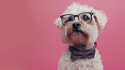 Dog in glasses and bow tie sitting on a pink background