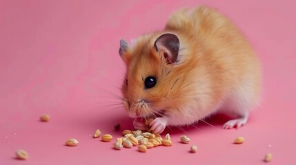 Dwarf fluffy hamster eats grain on a pink background