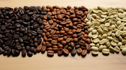 Fototapeta premium Colorful array showcasing the various roasting stages of coffee beans from green to dark roast.