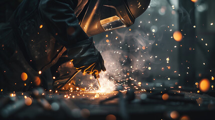 A man is working with a welding torch, creating sparks and smoke - obrazy, fototapety, plakaty