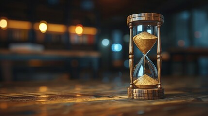Elegant hourglass with golden sand in a library setting - obrazy, fototapety, plakaty
