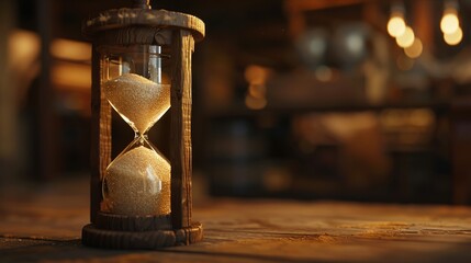Elegant hourglass with golden sand in a library setting - obrazy, fototapety, plakaty