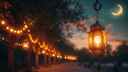 Fototapeta na wymiar Traditional lanterns lighting up evening under crescent moon