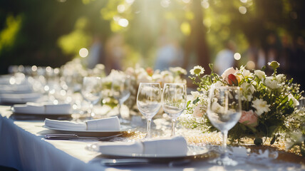 An outdoor wedding reception basks in sunlight, with a long table adorned in lush floral arrangements and elegant table settings, ready for a celebration of love.