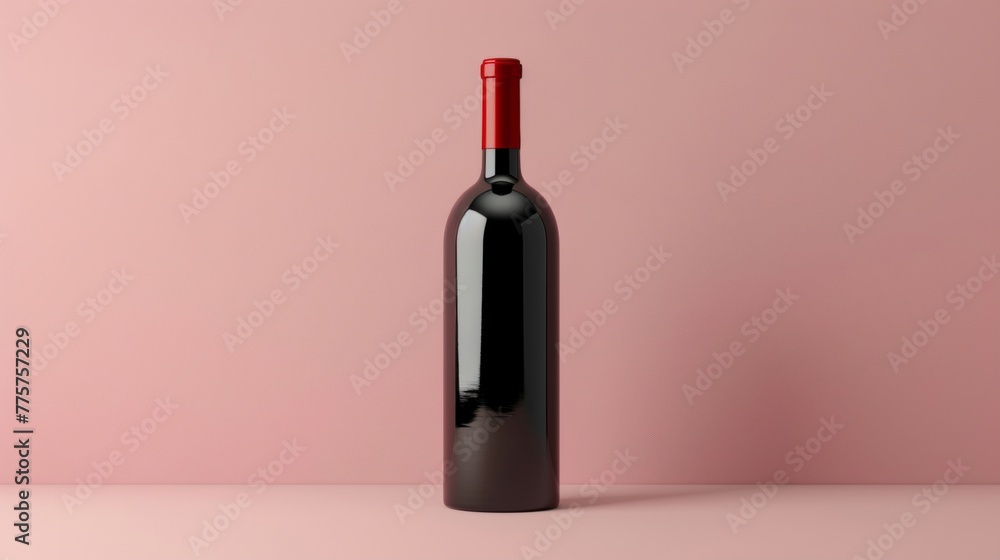 Poster a bottle of red wine placed on top of a table in a minimalist setting