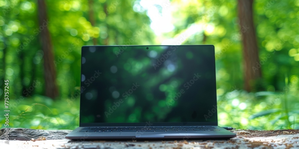Poster a laptop computer is placed on top of a wooden table in a forest setting, representing the concept o