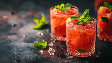 Three Glasses of Watermelon Mojitos With Mint Garnish