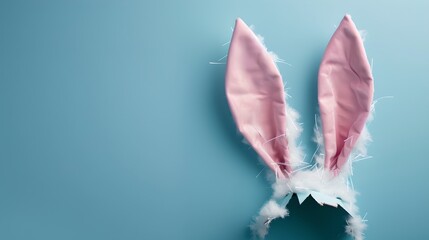 Pink bunny ears peeking through a torn blue paper backdrop. Minimalistic and playful concept for Easter decorations. AI