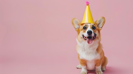 Funny puppy dog birthday carnival or anniversary corgi wearing a yellow party hat isolated on pink pastel background