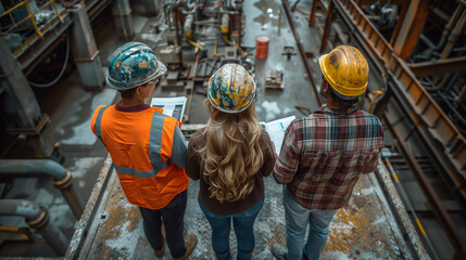 Top view of a group of construction workers with hard hats examining blueprints at an industrial site.