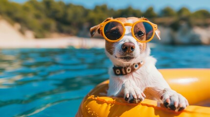 A dog wearing goggles sits on an inflatable raft floating on the water - obrazy, fototapety, plakaty