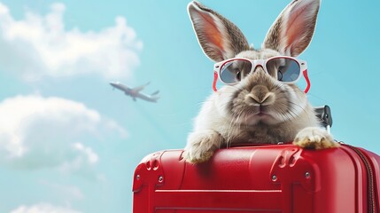Funny rabbit with the red luggage airplane and sunglasses going on vacation