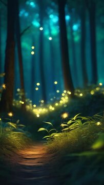 Fantasy forest fairytale with fireflies. Fairy tale woods with motion fog and flying glow fireflies. The path leading through fairytale forest. Vertical video