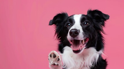 Happy dog border collie black and white color hugs food with one paw on a pink background