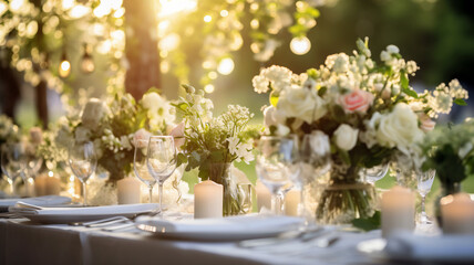 An outdoor wedding reception basks in sunlight, with a long table adorned in lush floral arrangements and elegant table settings, ready for a celebration of love. - obrazy, fototapety, plakaty
