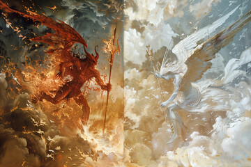 a red demon vs a white angel fighting between of hell and heaven - obrazy, fototapety, plakaty
