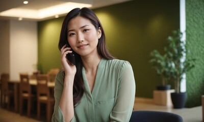 Japanese Woman on Phone in Modern Office. East Asian Woman on Smartphone at Work, Japanese Businesswoman on a Call