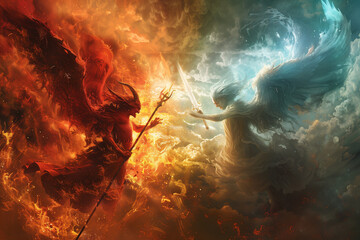 the devil and the angel are in the sky, fighting between demon vs  angel
