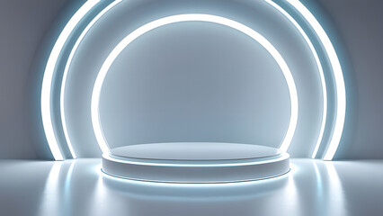 Abstract shine silver cylinder pedestal podium. Sci-fi white empty room concept with semi circle...