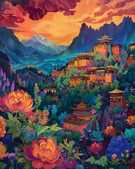 A colorful, vibrant painting of the majestic K exhibition in the style of Sarah scarfs illustration style with surrealistic elements, featuring traditional Tibetan architecture and monasteries nestled - obrazy, fototapety, plakaty