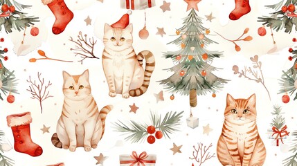 Hand drawn watercolor illustration pattern with Christmas trees, socks and cats