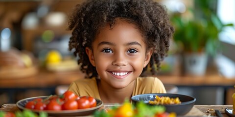A cheerful black toddler girl enjoys a plate of macaroni and cheese with tomatoes.