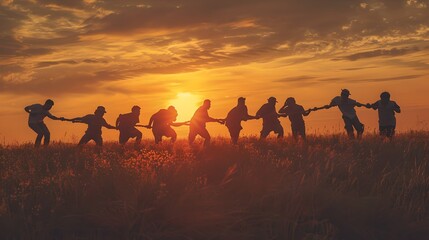 Silhouetted People Holding Hands Tug of War at Sunset. Teamwork, Unity, and Competition. Serene Backdrop with Human Figures. AI - obrazy, fototapety, plakaty