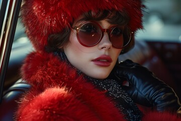 In a sophisticated portrait, a fashionable woman sits as a passenger in a car, wearing a red furry hat and coat. - Powered by Adobe