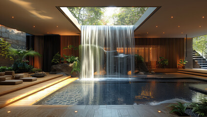  A cascading waterfall of water droplets falls from the ceiling into an indoor pool, surrounded by dark wood paneling and plants. Created with Ai