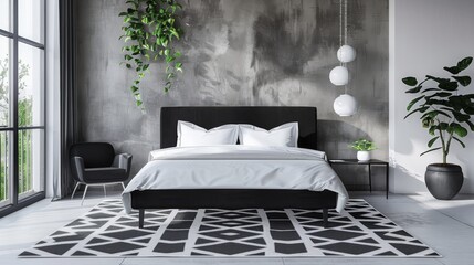A sleek bedroom design with a monochromatic theme, featuring industrial-style concrete walls, modern furniture, and indoor greenery.