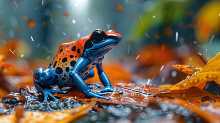 A colorful poison dart frog, with fallen leaves as the background, during a humid evening