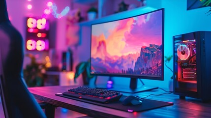Atmospheric gaming setup with vibrant computer display