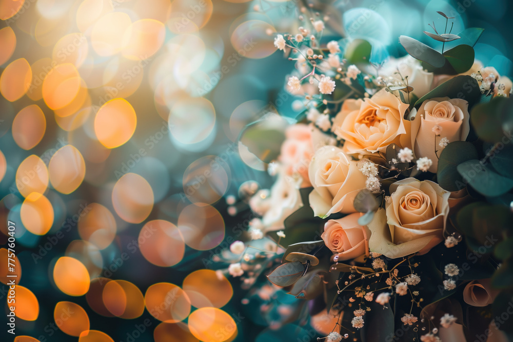 Poster wedding bouquet of roses. background with space for text. created with generative ai technology.