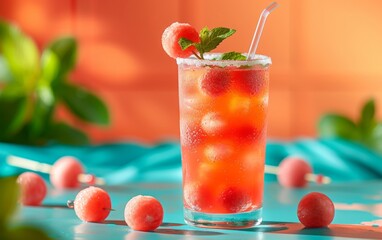 Icy cocktail with watermelon and frozen berries, garnished with fresh mint