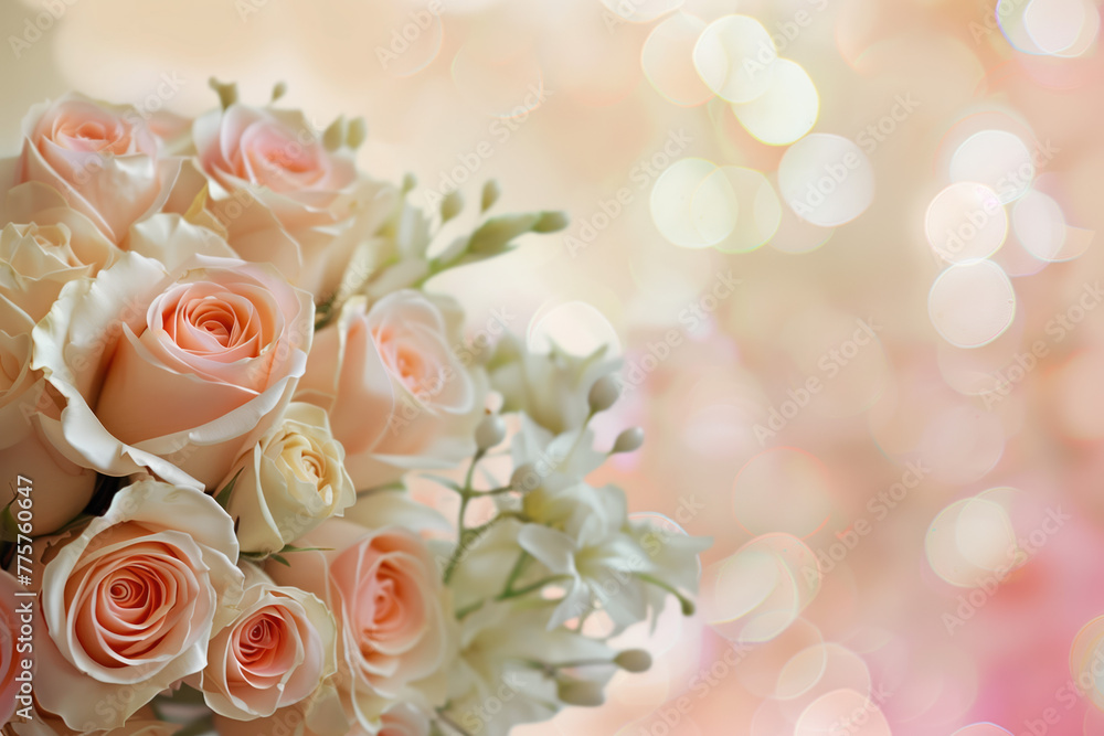 Poster wedding bouquet of roses. background with space for text. created with generative ai technology.