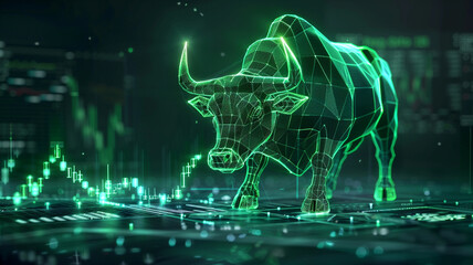 glowing neon green stock market bull on a dark background with a digital trading chart.