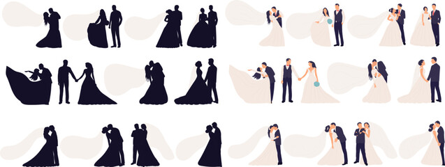 set of wedding bride in a dress and groom in different poses, on a white background vector