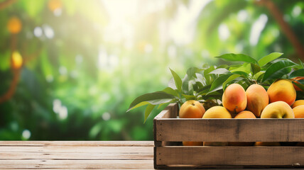 A rustic wooden crate overflows with ripe, juicy mangos on a wooden table, the fresh bounty against a backdrop of sunlit foliage. - obrazy, fototapety, plakaty
