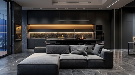 Modern grey minimalism interior living room with large gray modular sofa panoramic background night lighting view and dark marble kitchen island - Powered by Adobe