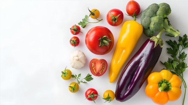 Fresh assorted vegetables on white background. Colorful, healthy eating concept. Image suitable for culinary themes and recipe layouts. AI