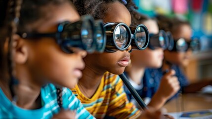 Bright-eyed students with magnifying glasses embark on a tech adventure in a kindergarten classroom...