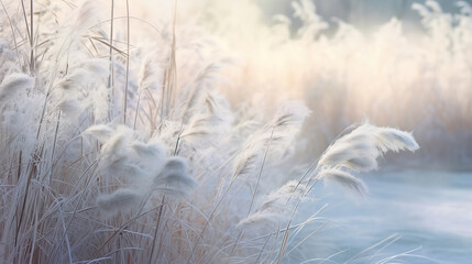Winter atmospheric landscape with frost. Frozen grass