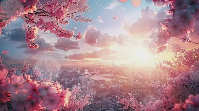 City ​​view from above with cherry trees blossoms all around. Cartoon illustration style. Seamless and looping video animated. Generative AI