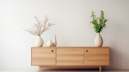 Minimalist interior design with wooden cabinet and decorative vases - obrazy, fototapety, plakaty