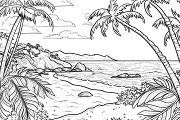 Coloring Pages of tropical beach with coconut trees in summer 