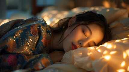 Peaceful slumber of a young Asian woman, enveloped in the soft embrace of her bed, home's serene sanctuary